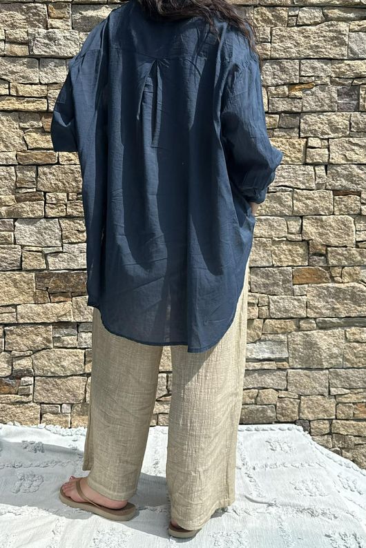 Shayle Indian Cotton Boyfriend Beach Shirt Navy